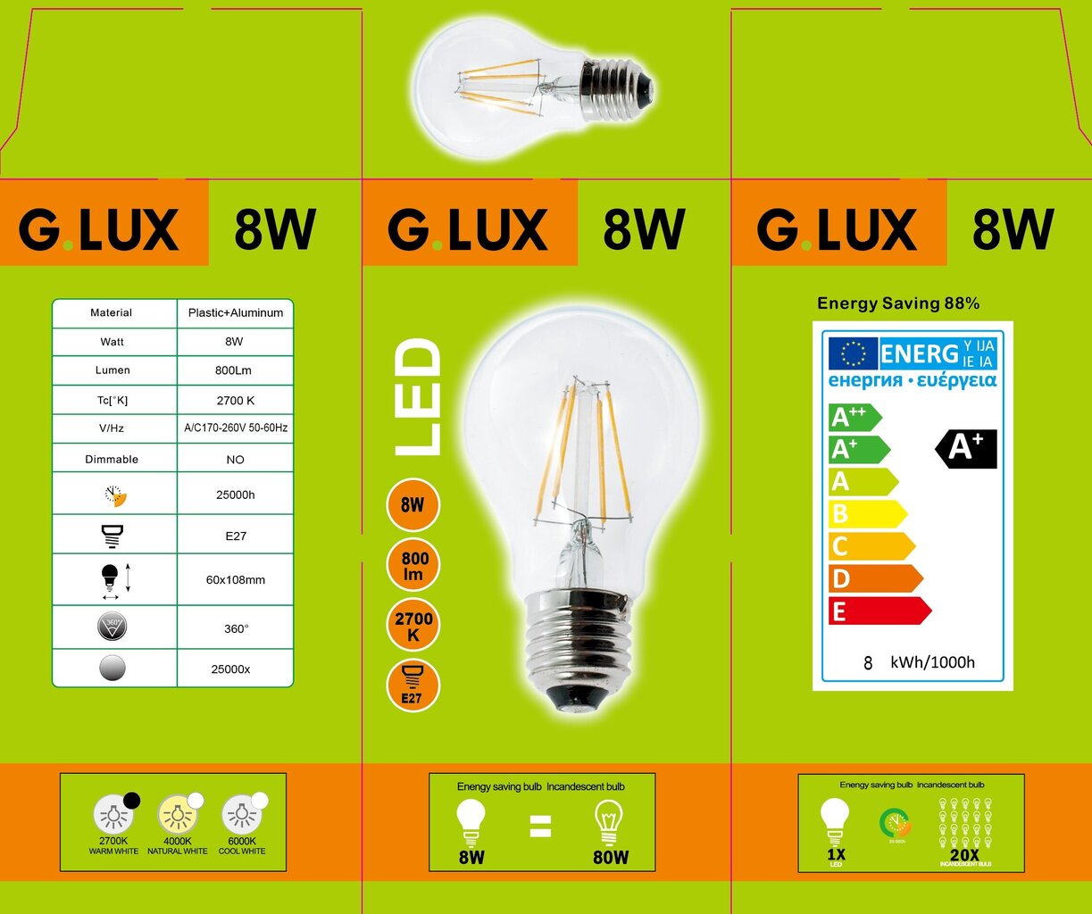 LED lemputės 10vnt Filament G.LUX GR-LED-A60-8W 2700K цена и информация | Elektros lemputės | pigu.lt