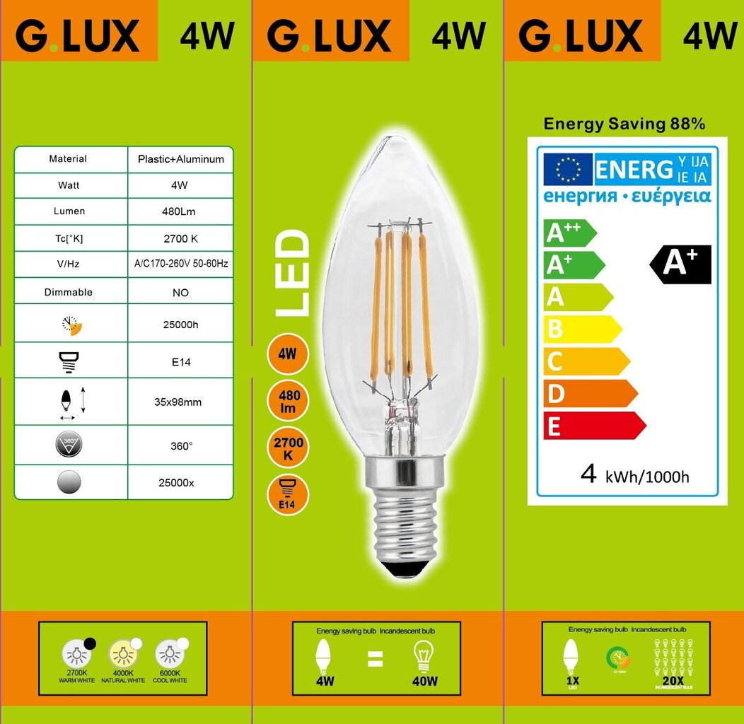 LED lemputės 10vnt Filament G.LUX GR-LED-C35-4W 2700K kaina ir informacija | Elektros lemputės | pigu.lt