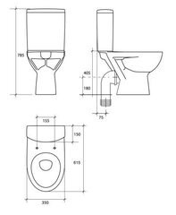 Pastatomas WC Cersanit Parva 306 011 horizontalus 3/6l, sėdynė duroplast SC EO kaina ir informacija | Klozetai | pigu.lt