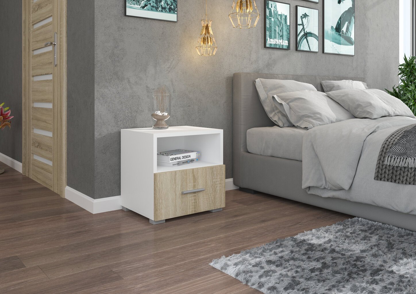 Naktinė spintelė ADRK Furniture Emi 07, balta kaina ir informacija | Spintelės prie lovos | pigu.lt