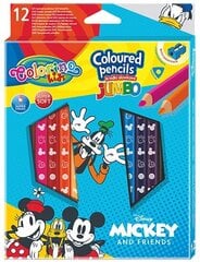 Spalvoti pieštukai COLORINO Disney "Peliukas Mikis" JUMBO, tribriauniai, su drožtuku, 12 spalvų kaina ir informacija | Piešimo, tapybos, lipdymo reikmenys | pigu.lt