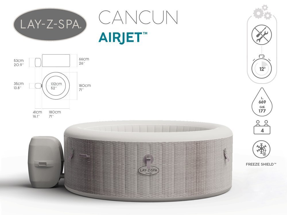 Masažinis baseinas Bestway Lay-Z-Spa Cancun, 180x66 cm kaina ir informacija | Baseinai | pigu.lt