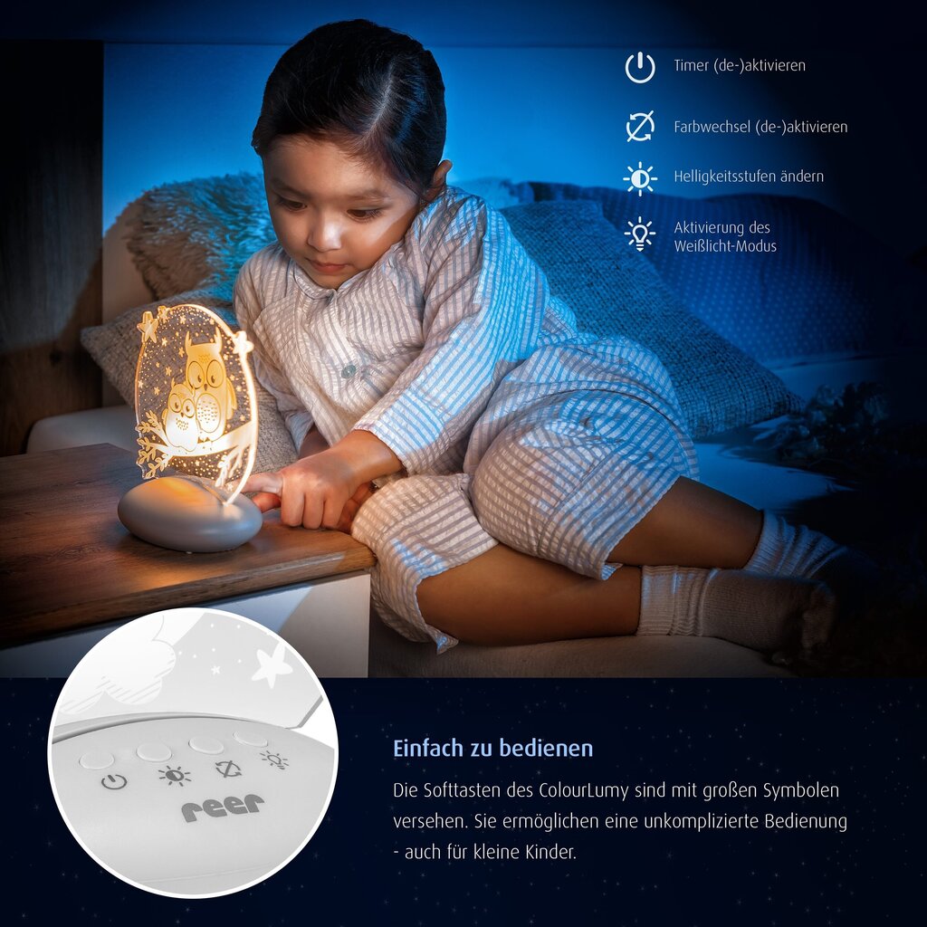Reer ColourLumy vaikiškas naktinis LED šviestuvas - Pelėdos kaina ir informacija | Vaikiški šviestuvai | pigu.lt