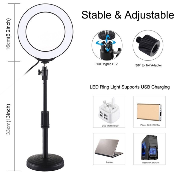Žiedinė lempa LED 16 cm, su stovu 18-28 cm, USB kaina ir informacija | Fotografijos apšvietimo įranga | pigu.lt