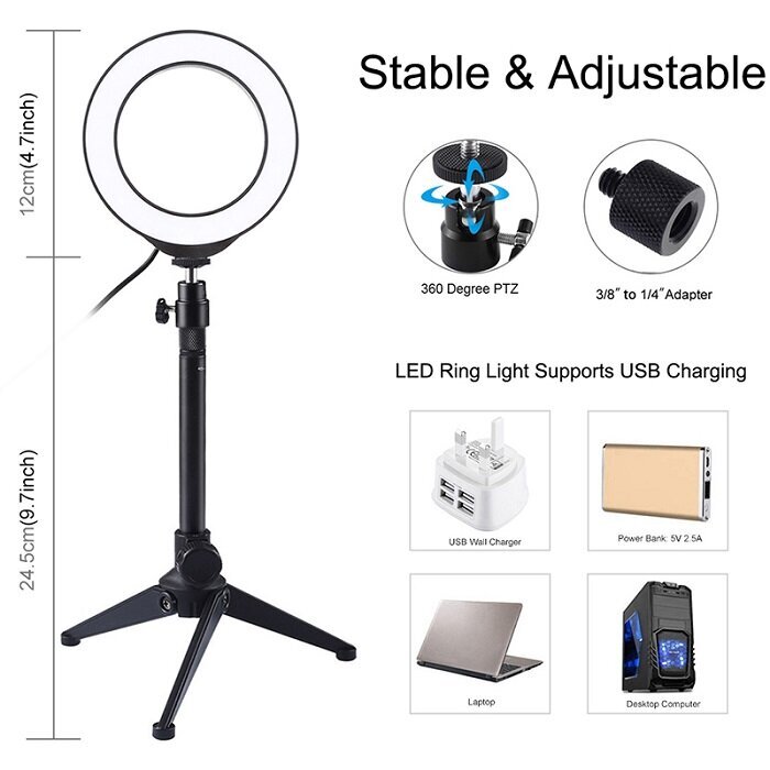 Žiedinė lempa LED 12 cm su trikoju staliniu stovu iki 24.5 cm, RGBW, USB kaina ir informacija | Fotografijos apšvietimo įranga | pigu.lt
