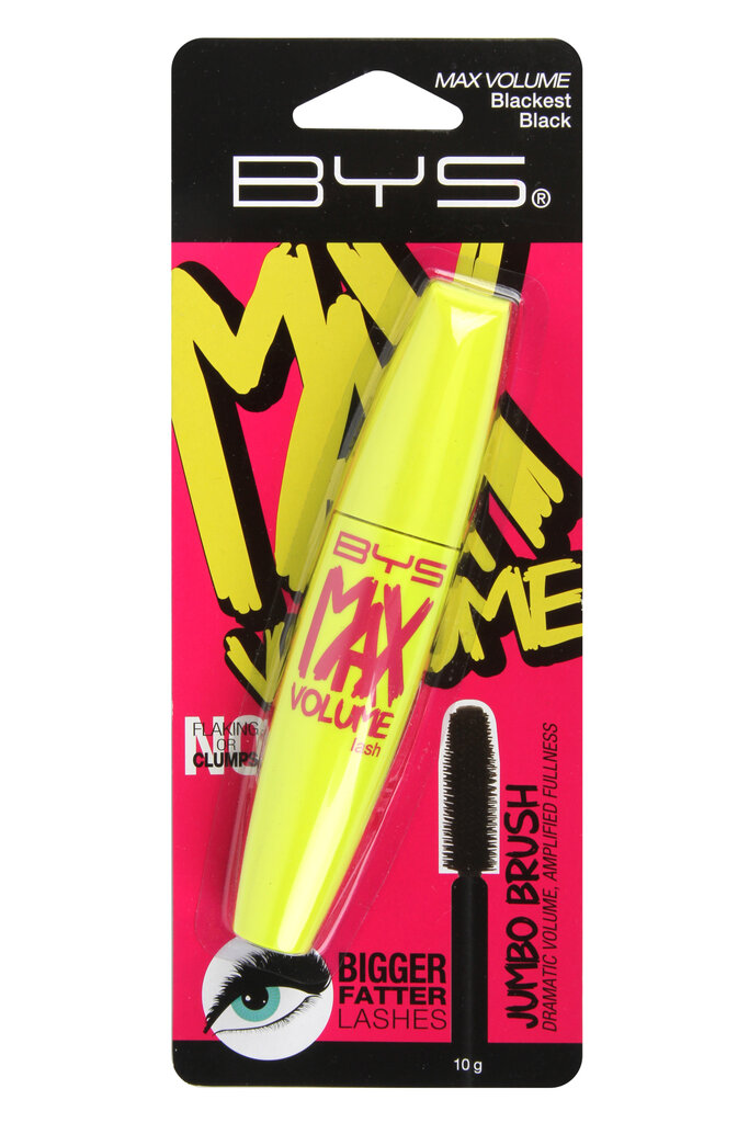 Blakstienų tušas Max Volume Waterproof BYS, Blackest Black, 10 ml kaina ir informacija | Akių šešėliai, pieštukai, blakstienų tušai, serumai | pigu.lt