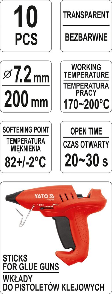 Karštų klijų lazdelės 7.2x200mm bespalvės 10 vnt. Yato (YT-82440) цена и информация | Mechaniniai įrankiai | pigu.lt