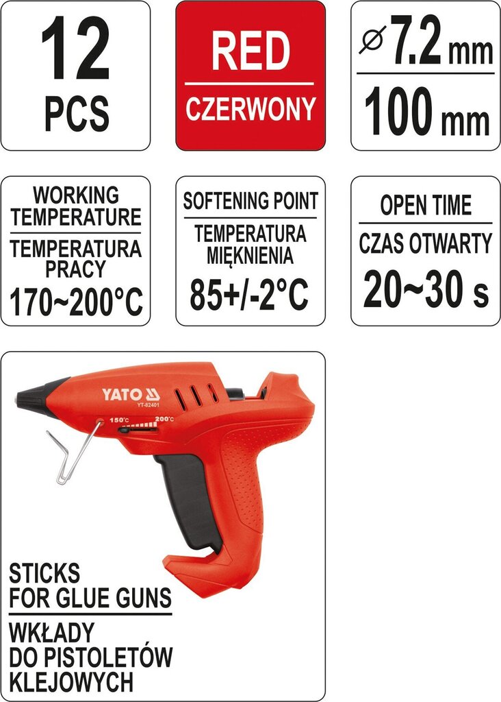 Karštų klijų lazdelės raudonos 7.2x100mm 12 vnt. Yato (YT-82442) kaina ir informacija | Mechaniniai įrankiai | pigu.lt