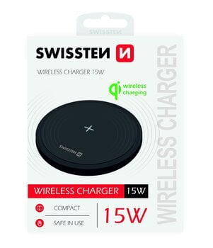 Беспроводное зарядное устройство Swissten 15W с USB-C, 1.5 м, черный цвет цена и информация | Зарядные устройства для телефонов | pigu.lt