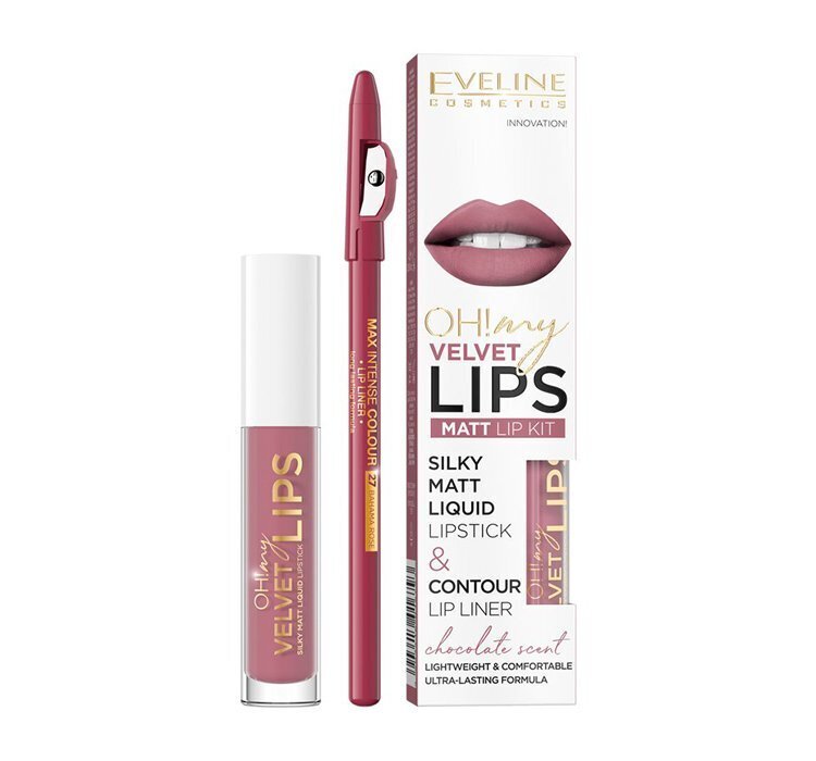 Matiniai lūpų dažai Eveline Oh My Lips Liquid Matt Lipstick, 4.5 ml + lūpų pieštukas Contour Lip Liner 13 Brownie Biscotti kaina ir informacija | Lūpų dažai, blizgiai, balzamai, vazelinai | pigu.lt