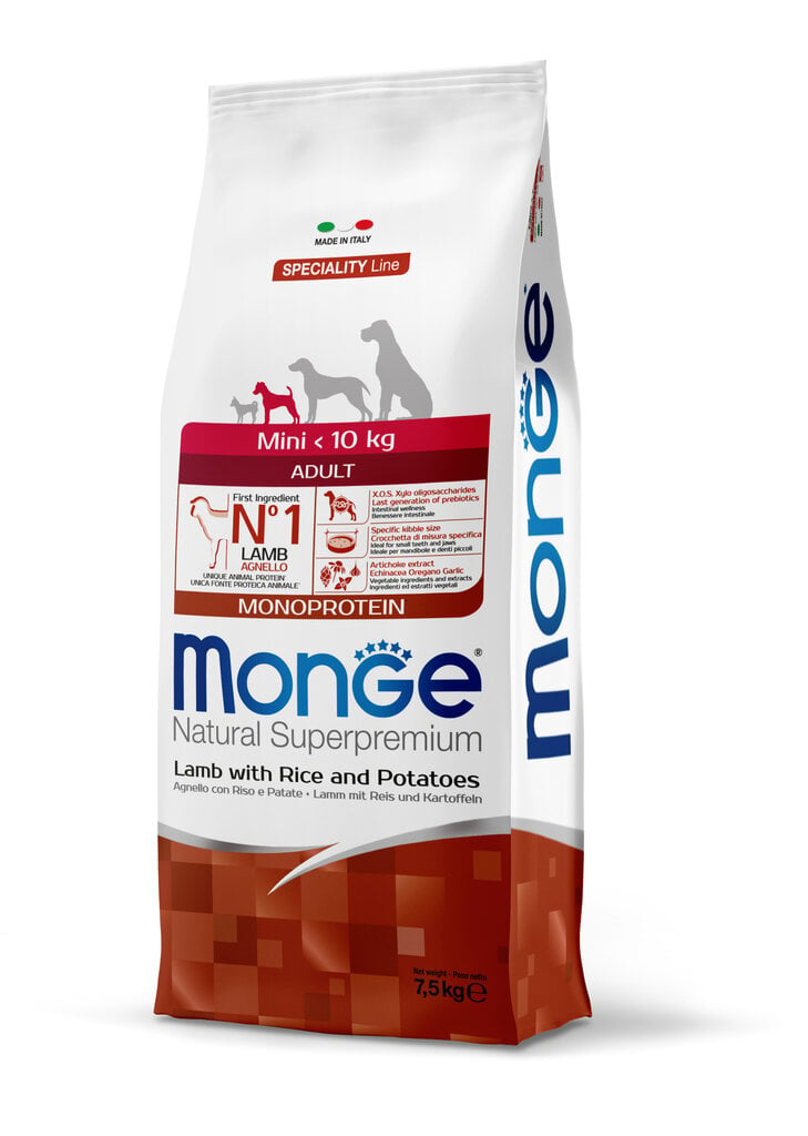 Monge Spec. Line Mini Adult sausas pašaras su Ėriena, Ryžiais ir Bulvėmis, suaugusiems mažų veislių šunims 7,5kg kaina ir informacija | Sausas maistas šunims | pigu.lt