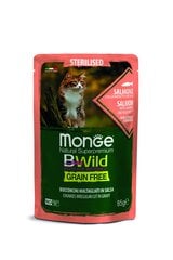 Monge Bwild Cat Pouches Grain Free sterilizuotoms suaugusioms katėms su lašiša, krevetėmis ir daržovėmis, 85 g цена и информация | Консервы для кошек | pigu.lt