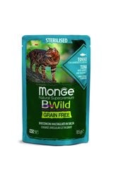 Monge Bwild Cat Pouches Grain Free sterilizuotoms suaugusioms katėms su tunu, krevetėmis ir daržovėmis, 85 g цена и информация | Консервы для кошек | pigu.lt