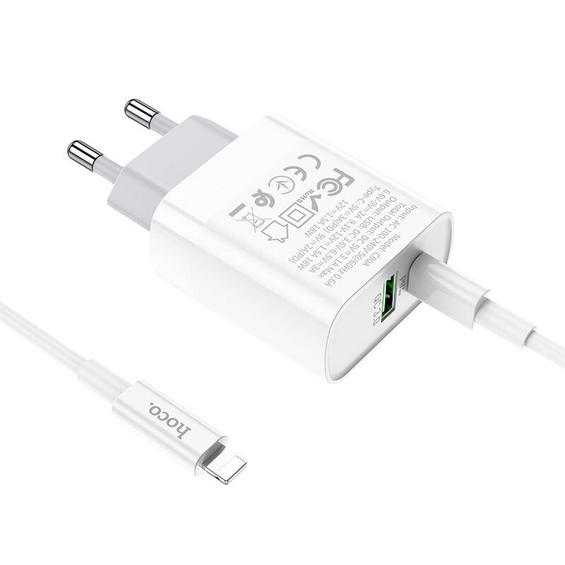 Įkroviklis Hoco C80A USB Quick Charge 3.0 + PD20W (3.1A) + Type-C-Lightning, baltas цена и информация | Krovikliai telefonams | pigu.lt