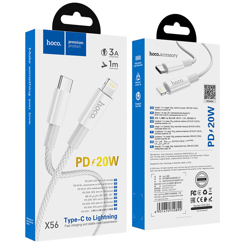 Įkrovimo duomenų kabelis Lightning - Type C PD Hoco X56, 1.0m 3A 18W kaina ir informacija | Laidai telefonams | pigu.lt