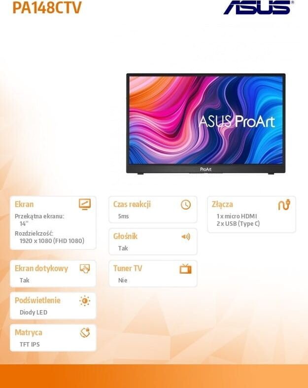 Asus PA148CTV kaina ir informacija | Monitoriai | pigu.lt