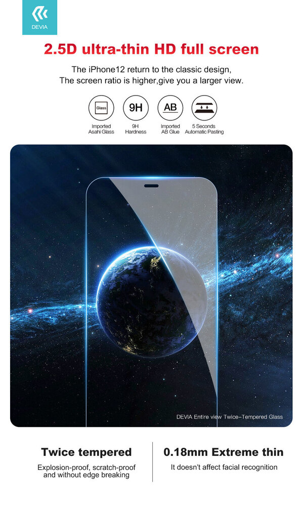 Apsauginis stiklas Devia skirtas Apple iPhone 12 Pro Max kaina ir informacija | Apsauginės plėvelės telefonams | pigu.lt