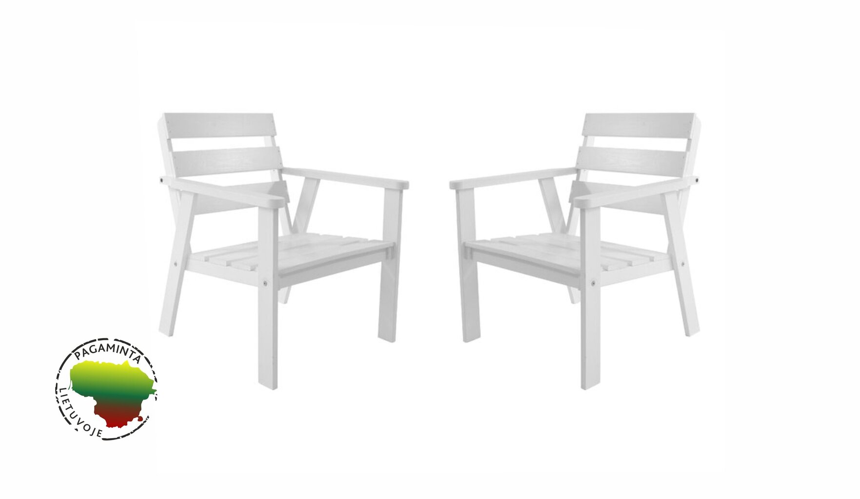 Stilingas baltų lauko kėdžių komplektas Atlanta 2vnt., pušies mediena, pagaminta Lietuvoje kaina ir informacija | Lauko kėdės, foteliai, pufai | pigu.lt