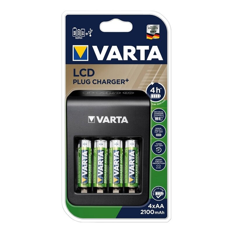 Pakrovėjas universalus Varta LCD Plug-Plus su 4 AA 2100 mah 4 kanalų PP3 57687 цена и информация | Elementų krovikliai | pigu.lt