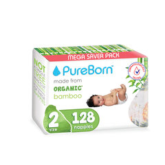 Organinės sauskelnės PureBorn iš bambuko, 3-6 kg, 128 vnt kaina ir informacija | Sauskelnės | pigu.lt