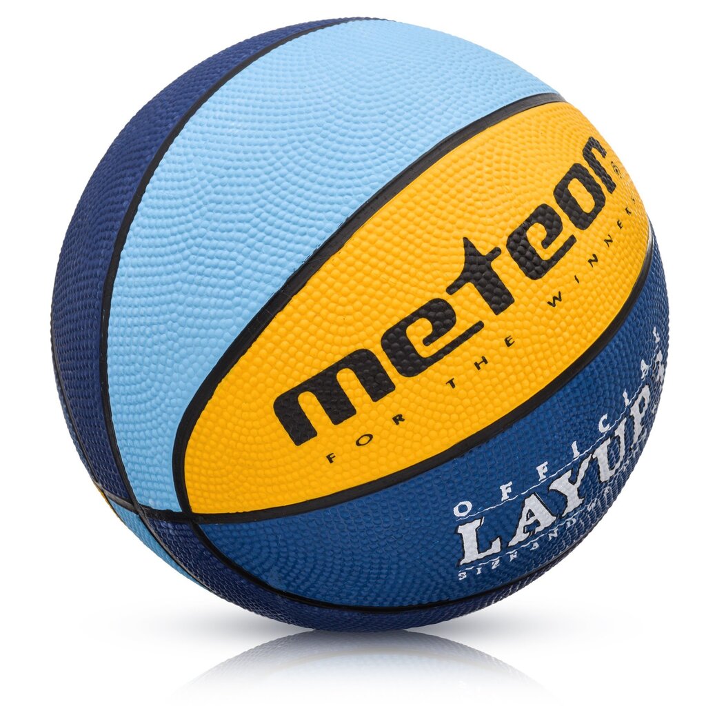 Krepšinio kamuolys Meteor Layup 3 Mėlyna/Geltona/Žalia цена и информация | Krepšinio kamuoliai | pigu.lt