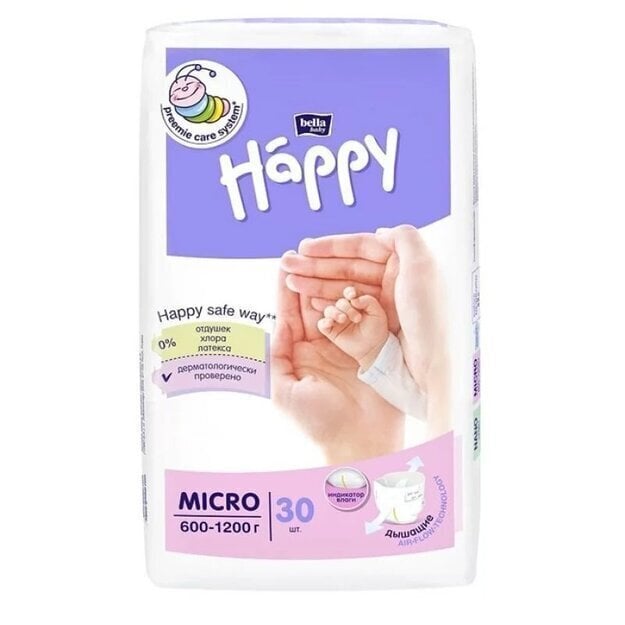 Sauskelnės Happy Micro, (600-1200 g), 30 vnt. kaina ir informacija | Sauskelnės | pigu.lt