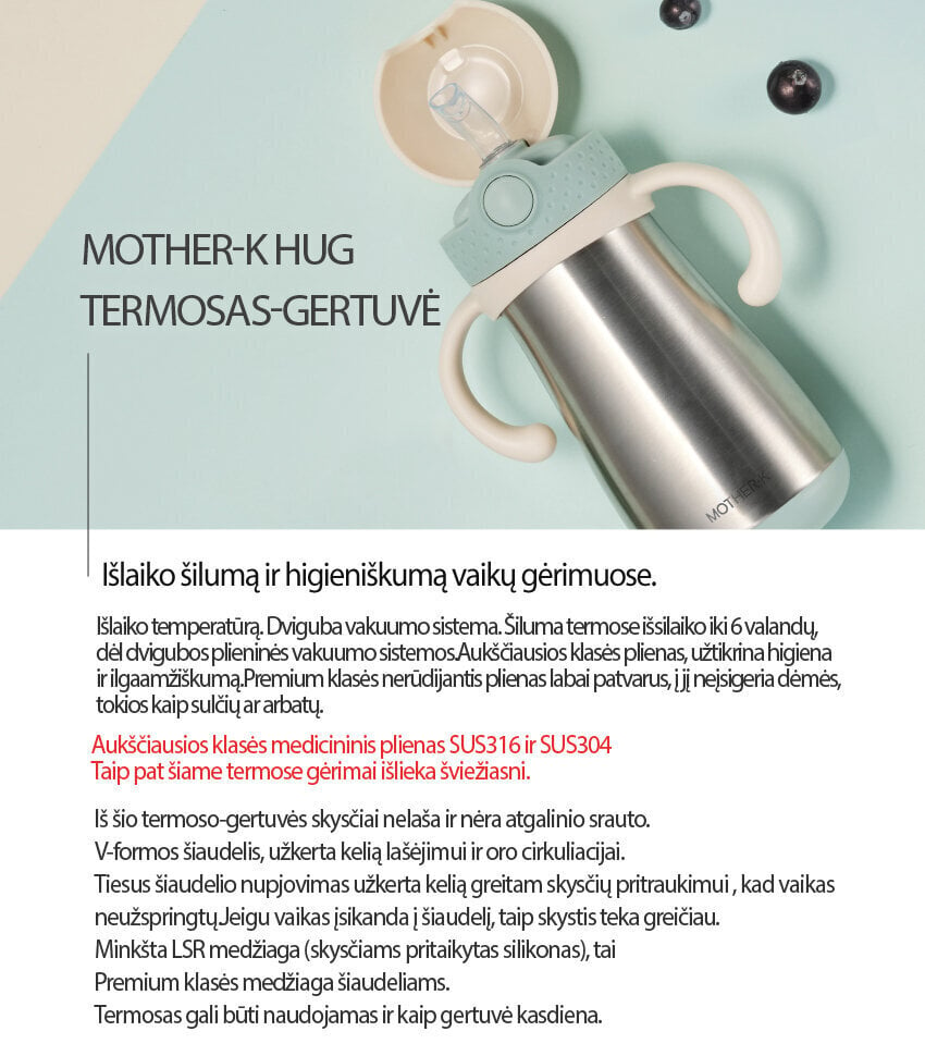 Termo gertuvė su šiaudeliu Hug Mother-K 350 ml, mėlyna kaina ir informacija | Termosai, termorankinės | pigu.lt