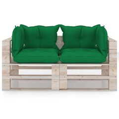 Dvivietė sodo sofa iš palečių su pagalvėlėmis, Dvivietė sodo sofa iš palečių su pagalvėlėmis, žalia kaina ir informacija | Lauko kėdės, foteliai, pufai | pigu.lt