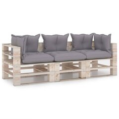 Trivietė sodo sofa iš palečių su pagalvėlėmis, pilka цена и информация | Садовые стулья, кресла, пуфы | pigu.lt