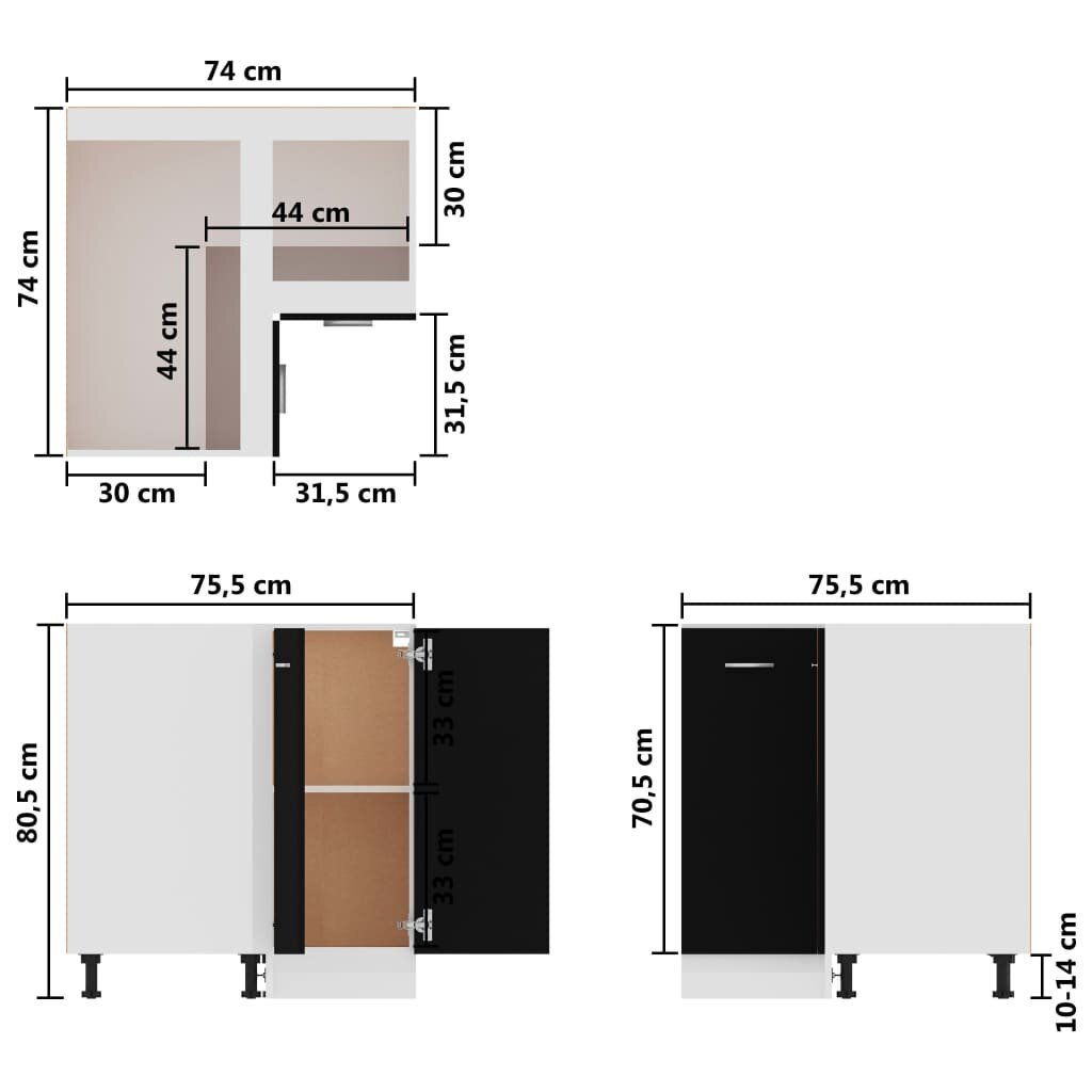 Apatinė kampinė spintelė, 75,5x75,5x80,5 cm, juodos spalvos kaina ir informacija | Virtuvinės spintelės | pigu.lt