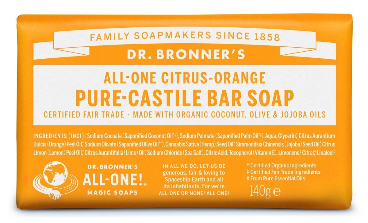 Ekologiškas Kastilijos muilas Dr. Bronner's Citrus-Orange, 140 g kaina ir informacija | Muilai | pigu.lt