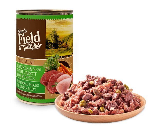 Sam's Field vištienos ir veršienos su morkų superpremium pilnas šunų maistas šuniukams 400g kaina ir informacija | Konservai šunims | pigu.lt