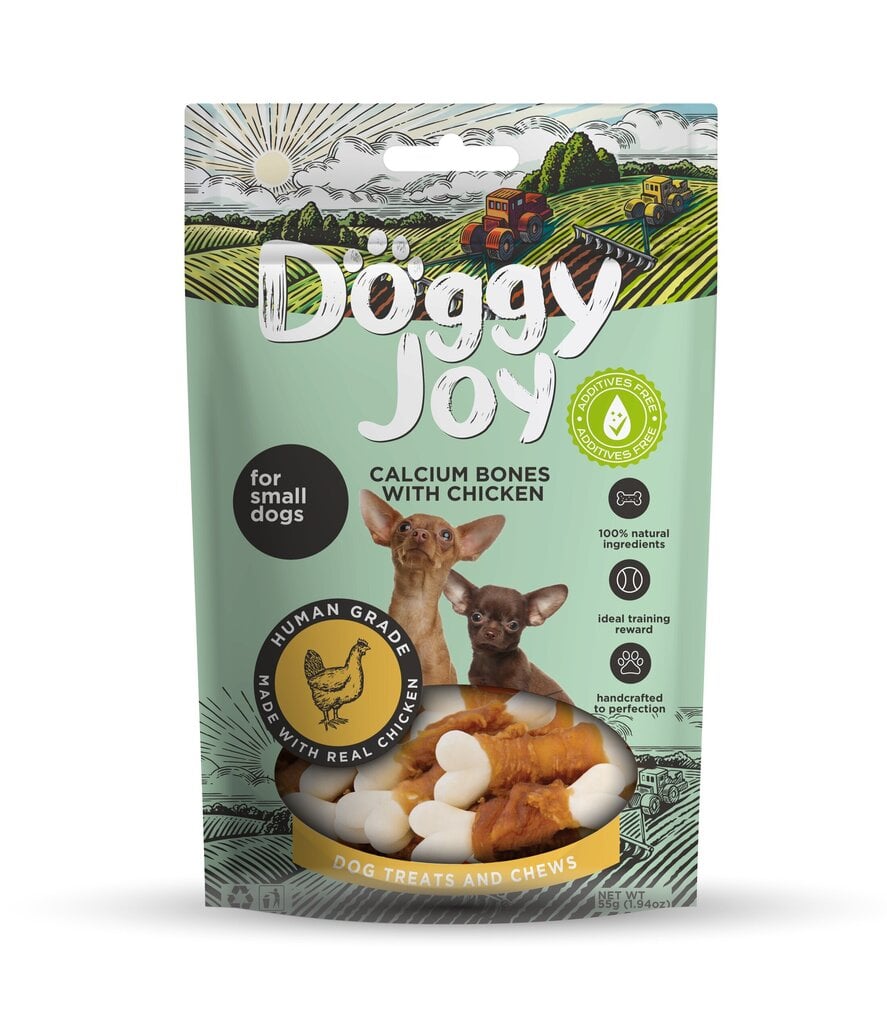 Doggy Joy kalcio kaulai su vištiena - skanėstas šunims 55g цена и информация | Skanėstai šunims | pigu.lt
