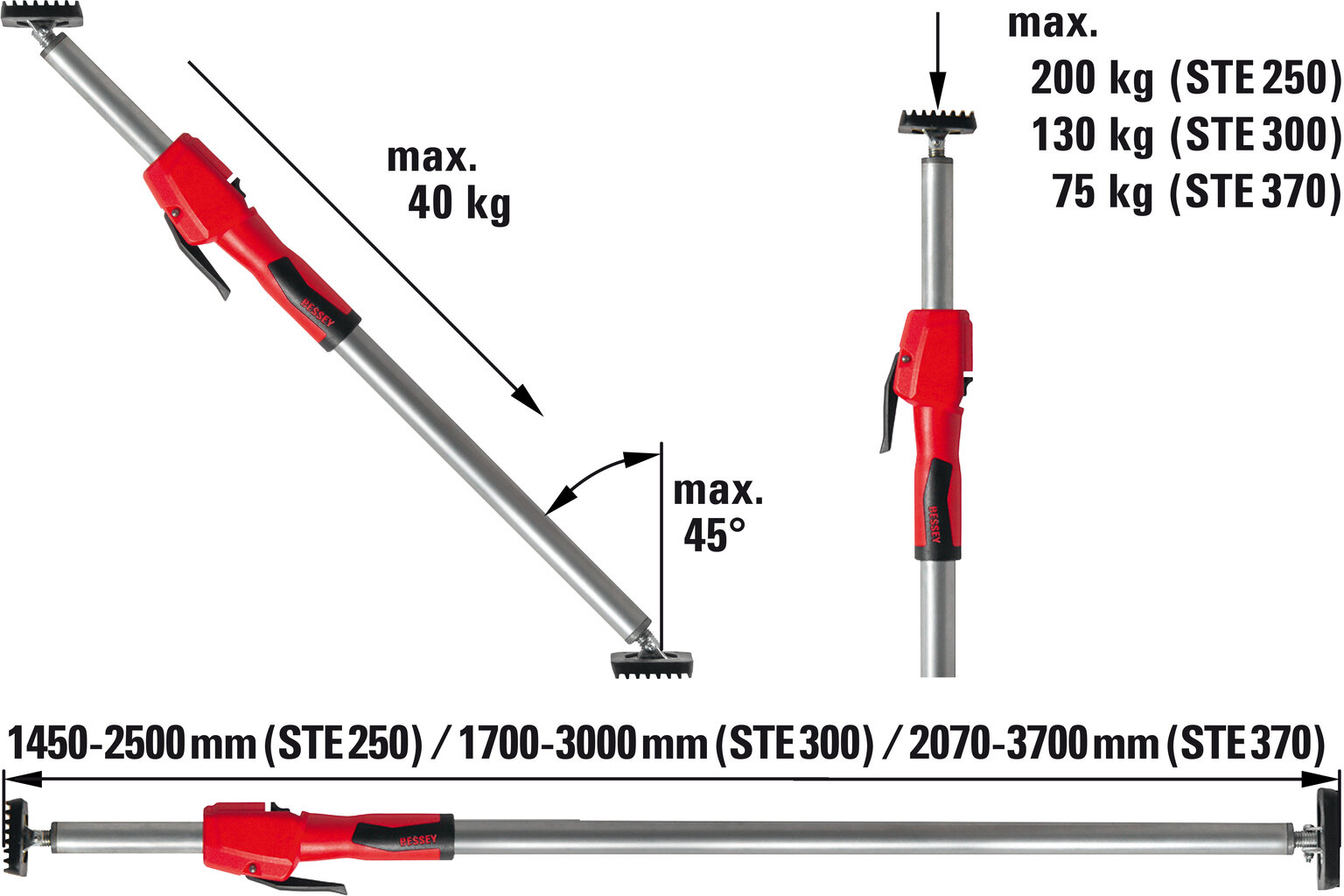 Teleskopinė montavimo atrama Bessey STE 3700 kaina ir informacija | Mechaniniai įrankiai | pigu.lt