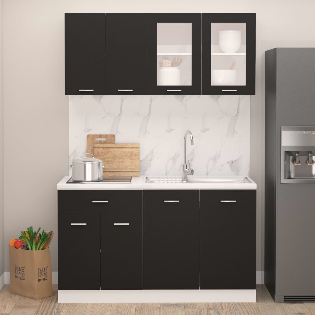 Virtuvės spintelių komplektas, 4d., juodos spalvos, fanera kaina ir informacija | Virtuvės baldų komplektai | pigu.lt