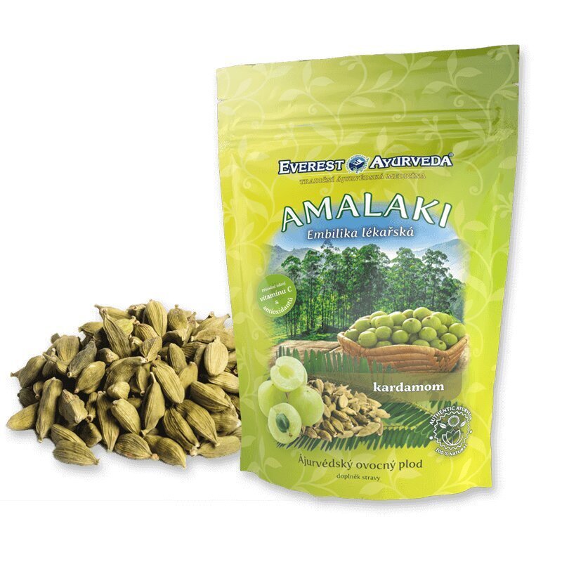 Džiovinti indiškojo lapainio vaisiai Everest Ayurveda Amalaki Cardamom, 100 g kaina ir informacija | Riešutai, sėklos, džiovinti vaisiai | pigu.lt