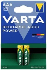 Varta Recharge Accu Power AAA (HR03) įkraunamos baterijos, 1000mAh, 2 vnt kaina ir informacija | Elementai | pigu.lt