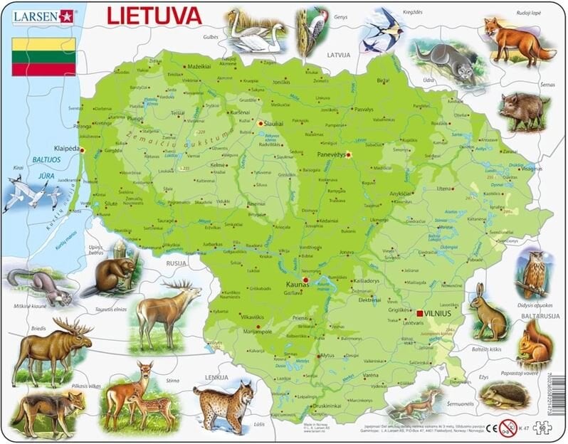 Dėlionė Lietuvos žemėlapis, 60 detalių kaina ir informacija | Dėlionės (puzzle) | pigu.lt