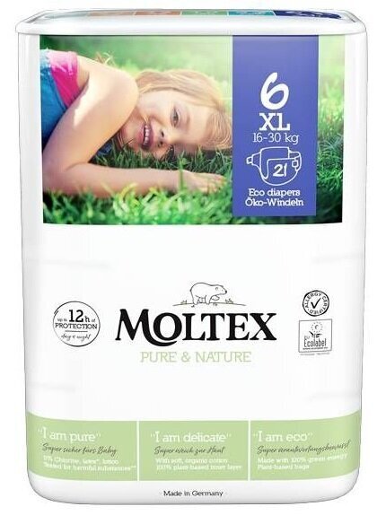 Sauskelnės Moltex Pure & Nature 6XL (16-30 kg) 21 vnt. kaina ir informacija | Sauskelnės | pigu.lt