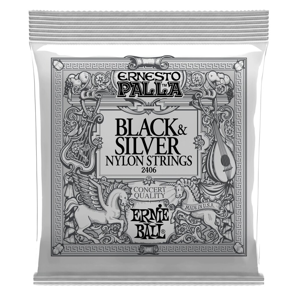 Stygos klasikinei gitarai Ernie Ball 2406 Black & Silver kaina ir informacija | Priedai muzikos instrumentams | pigu.lt