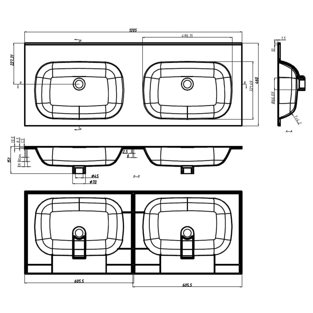 Įmontuojamas praustuvas vidaXL, 1205x460x145mm, baltas kaina ir informacija | Praustuvai | pigu.lt