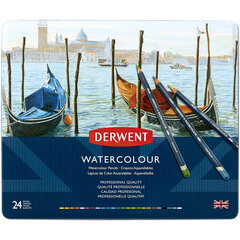 Spalvoti akvareliniai pieštukai Derwent WATERCOLOUR, 24 sp., metalinė dėžutė kaina ir informacija | Piešimo, tapybos, lipdymo reikmenys | pigu.lt