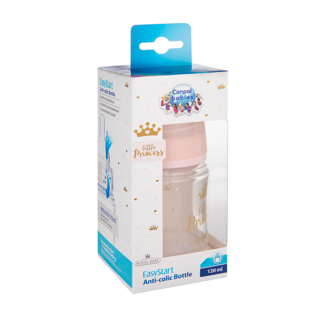 Plataus kaklelio buteliukas Canpol Babies, Anti-colic PP Easy Start Royal Baby, 120 ml, 35/233, pink kaina ir informacija | Buteliukai kūdikiams ir jų priedai | pigu.lt