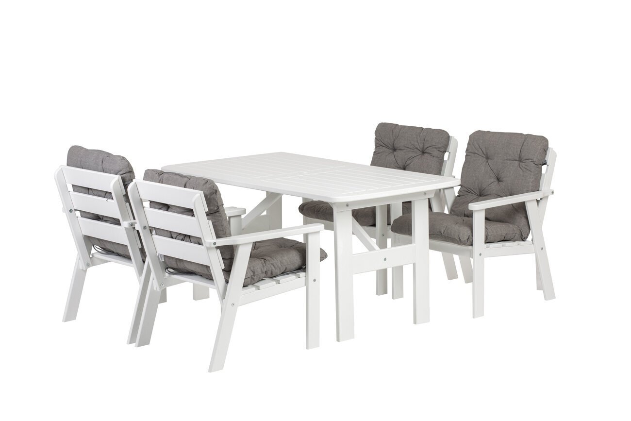 Lauko baldų komplektas: stalas ir 4 kėdės, baltas su pilkomis pagalvėmis цена и информация | Lauko baldų komplektai | pigu.lt