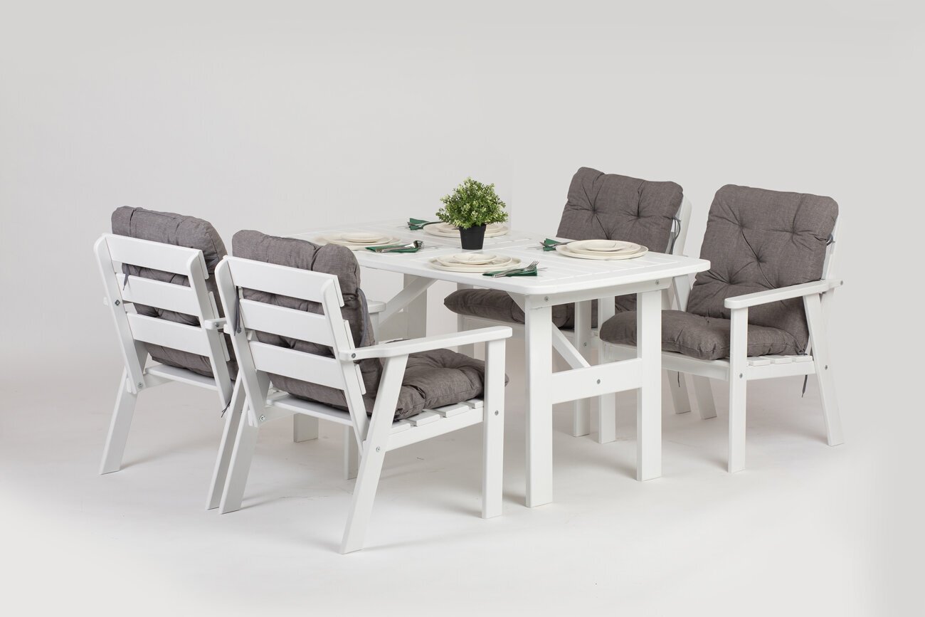Lauko baldų komplektas: stalas ir 4 kėdės, baltas su pilkomis pagalvėmis цена и информация | Lauko baldų komplektai | pigu.lt