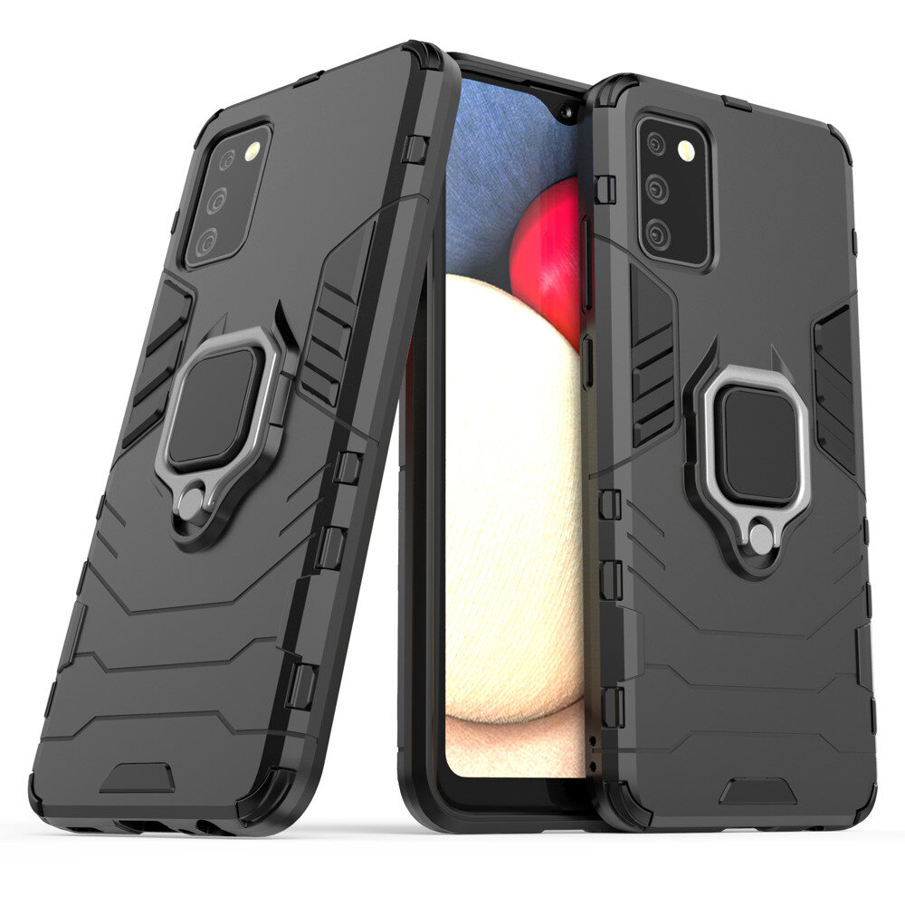 Ring Armor Case Kickstand Tough Rugged Cover, skirtas Samsung Galaxy A02s EU, juodas kaina ir informacija | Telefono dėklai | pigu.lt