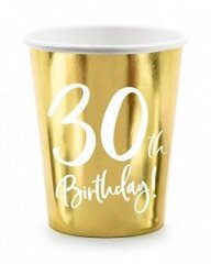 Vienkartiniai puodeliai auksiniai30th birthday 220 ml, 6 vnt kaina ir informacija | Vienkartiniai indai šventėms | pigu.lt