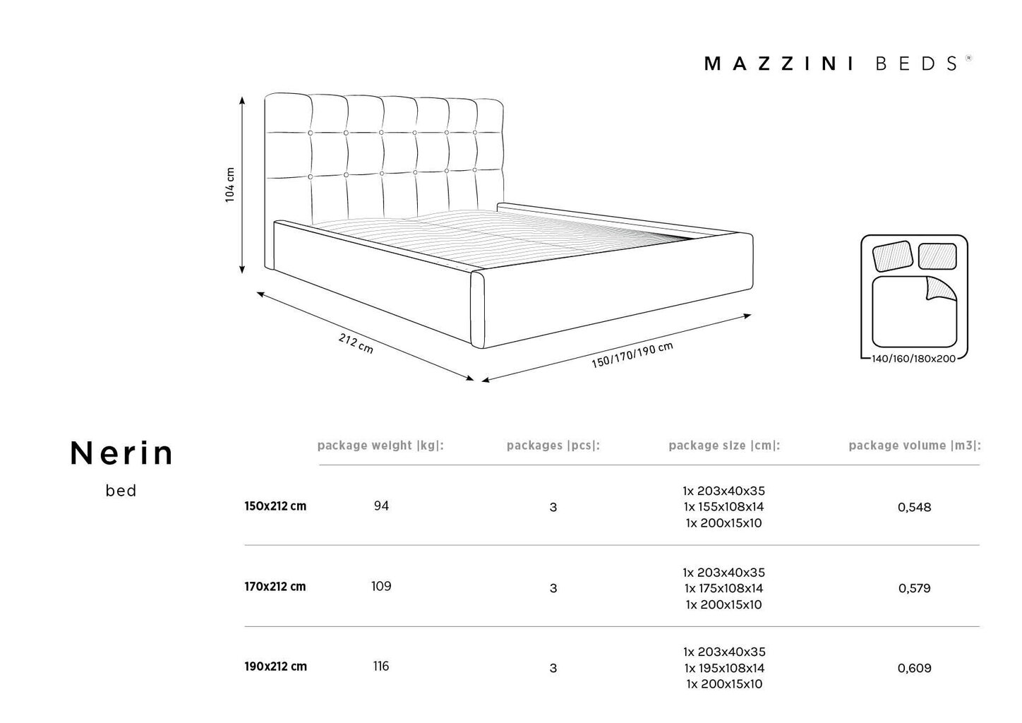 Lova Mazzini Beds Nerin 3, 140x200cm, mėlyna kaina ir informacija | Lovos | pigu.lt
