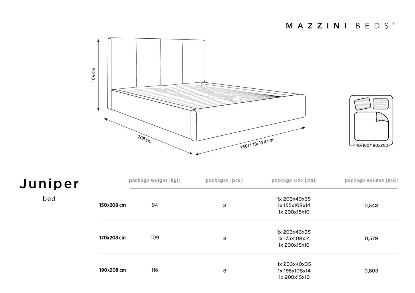 Lova Mazzini Beds Juniper 2, 140x200cm, šviesiai mėlyna kaina ir informacija | Lovos | pigu.lt