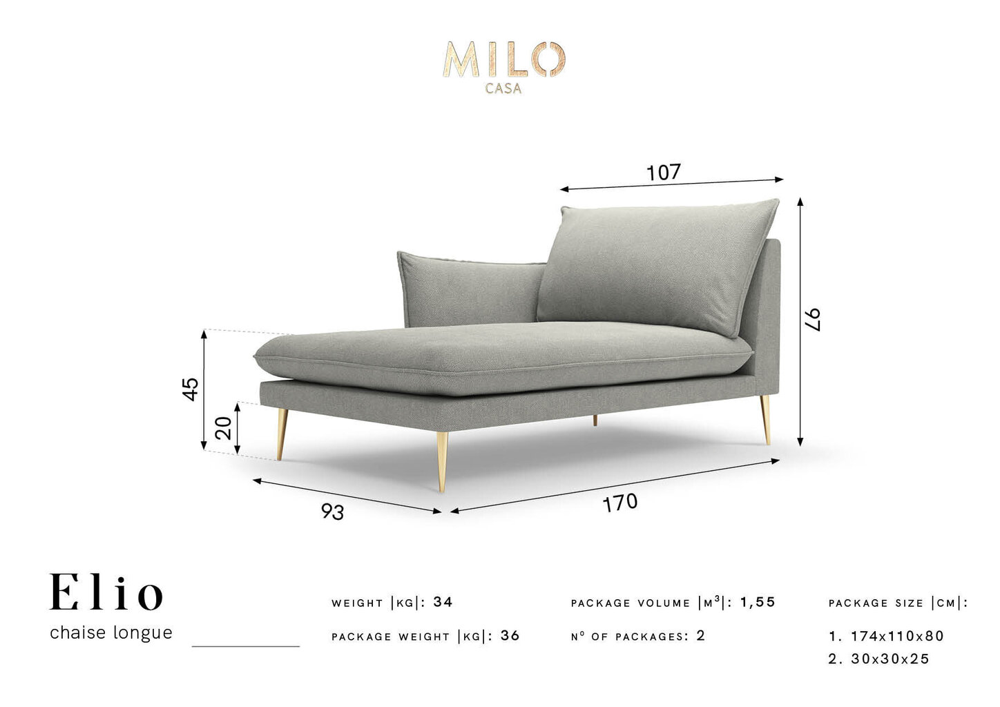 Kušetė Milo Casa Elio 6, šviesiai pilkos/auksinės spalvos цена и информация | Sofos | pigu.lt